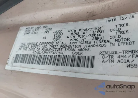 1999 Toyota Tacoma из США, поврежденный, VIN 4TANL42N4XZ460132